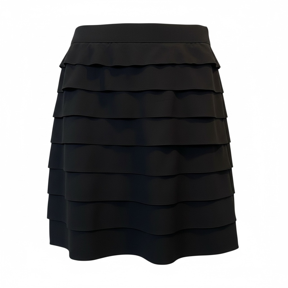 ALFANI Women sz 12 Black Layered A-Line Tiered Back zip wide elastic waist Skirt